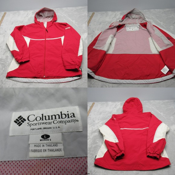 Vintage Columbia Jacket Women Large Red‎ Hood Full Zip Packable Hike Windbreaker - Picture 1 of 16